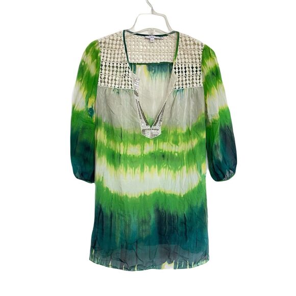Calypso St. Barth Silk Sequin Tunic Top Size XS Green Cream Boho Batik Resort - Picture 2 of 11